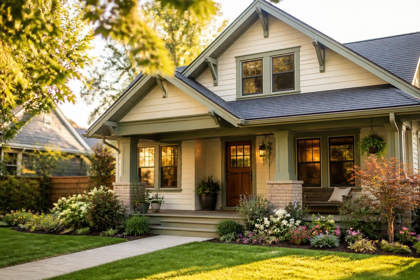 A freshly painted craftsman home with tidy landscaping